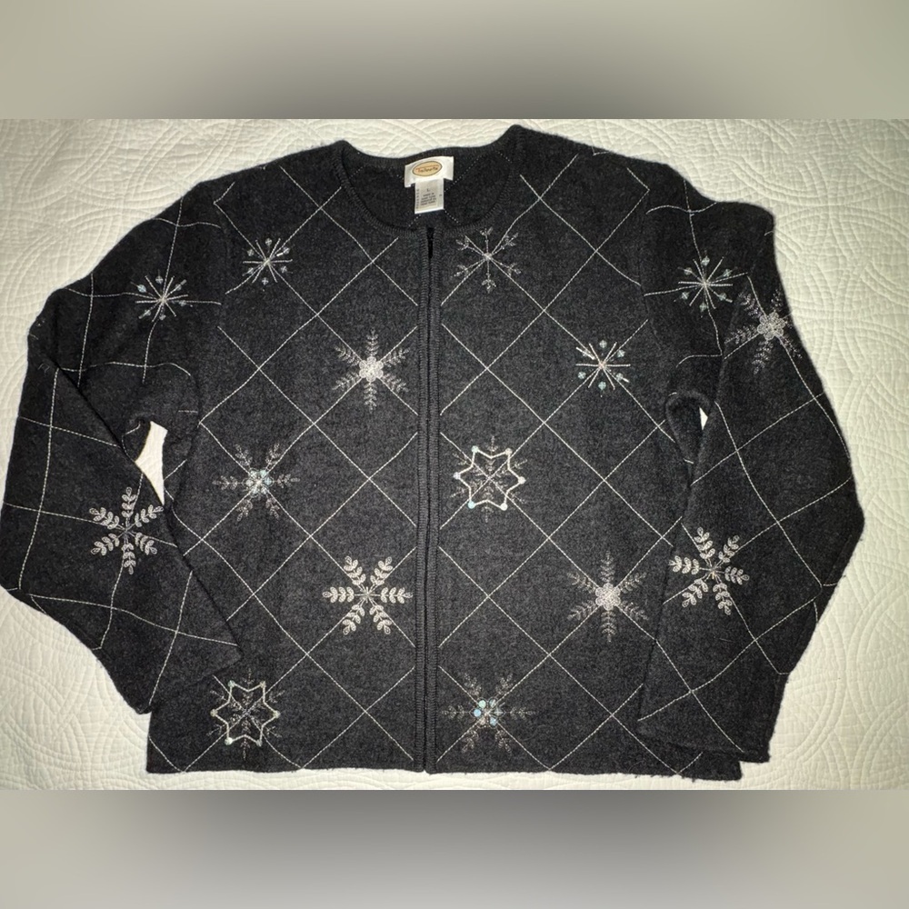 Vintage Talbots Wool Cardigan Charcoal with Snowflake Details Large